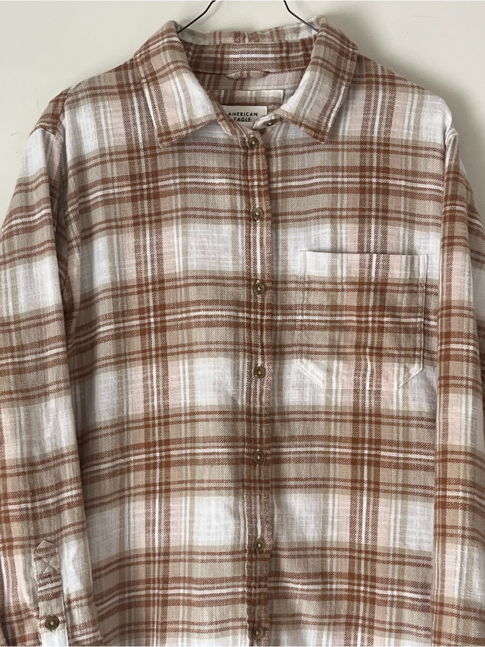 American Eagle Outfitters Tan and White Plaid Button-Down Shirt